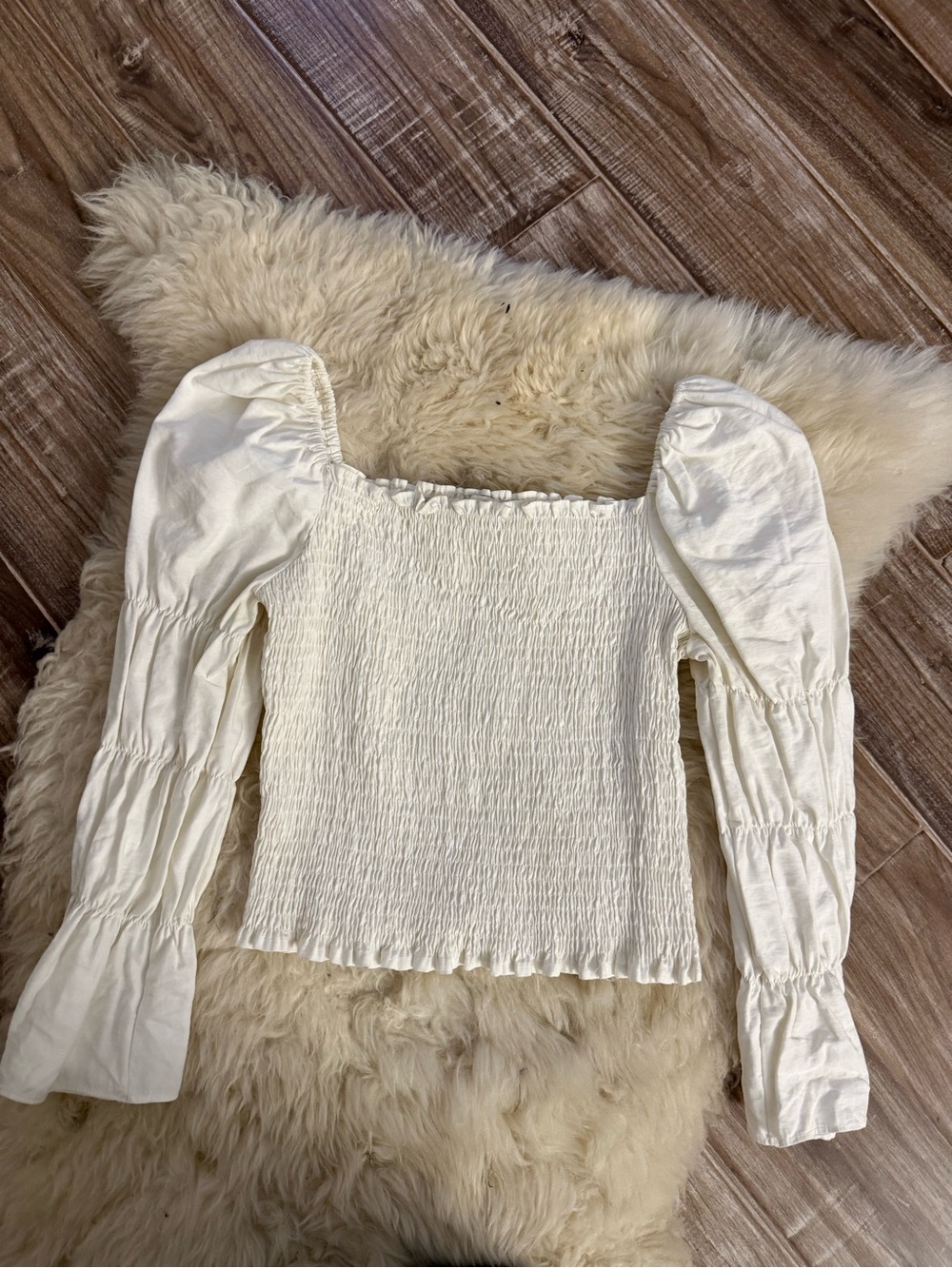Cream Smocked Square-Neck Puff Sleeve Blouse